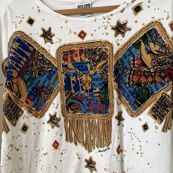 Vtg 90s FUN ART rodeo spatter tshirt oversize funky 3/4 slv sheriff womens OS - Picture 5 of 8